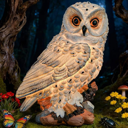 Solar Owl Garden Outdoor Statue,Owl Figurine Sculpture with LED Lights for Porch Patio Lawn Yard Deck Spring Decor - Ideal Easter Day Housewarming for Women Men Owl Lover(White)