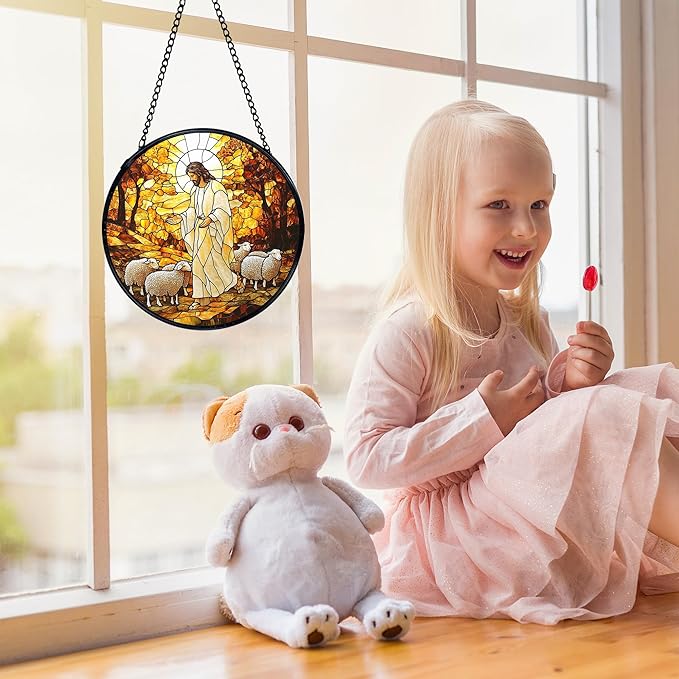 Christian Jesus and Lamb Suncatchers Stained Glass Window Hanging, Jesus Religious Sun Catchers Indoor Window Glass Round Wall Decor, Christian Wall Hanging Decorations, 7.9x7.9in