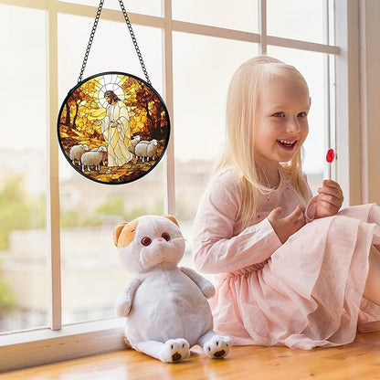 Christian Jesus and Lamb Suncatchers Stained Glass Window Hanging, Jesus Religious Sun Catchers Indoor Window Glass Round Wall Decor, Christian Wall Hanging Decorations, 7.9x7.9in