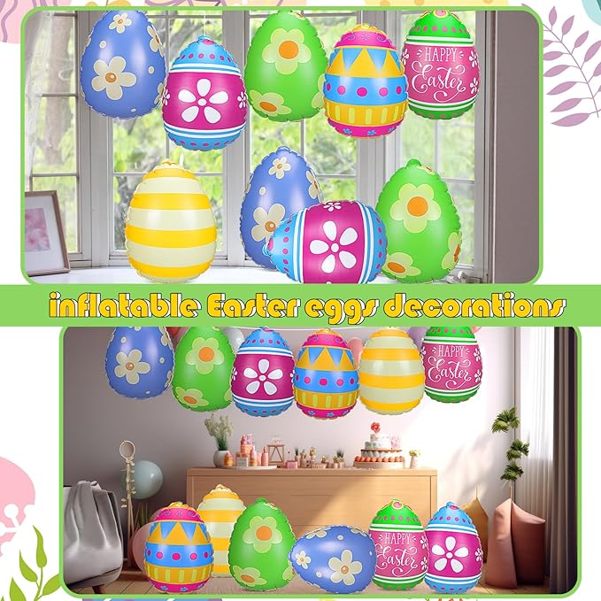 Jetec 12 Pcs Inflatable Easter Eggs Decorations 12 Inch Easter Inflatables Outdoor Decor PVC Large Outdoor Colorful Eggs Bunny Blow up Yard Ornaments for Yard Lawn Garden Party(Vibrant)