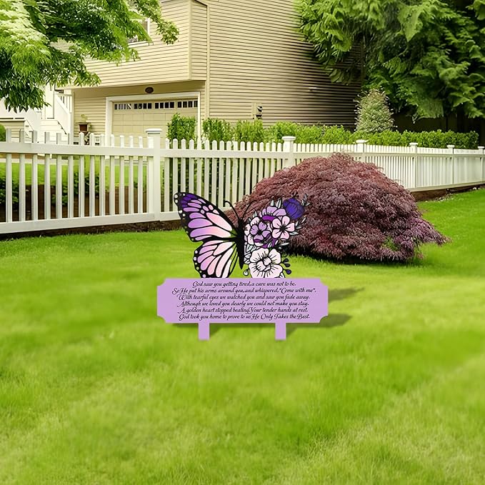 Memorial Grave Markers & Decorations - Weatherproof Metal Sympathy Plaques & Butterfly Stakes for Cemetery, Yard, Garden, Patio - Waterproof Remembrance Grave Stakes for Outdoors