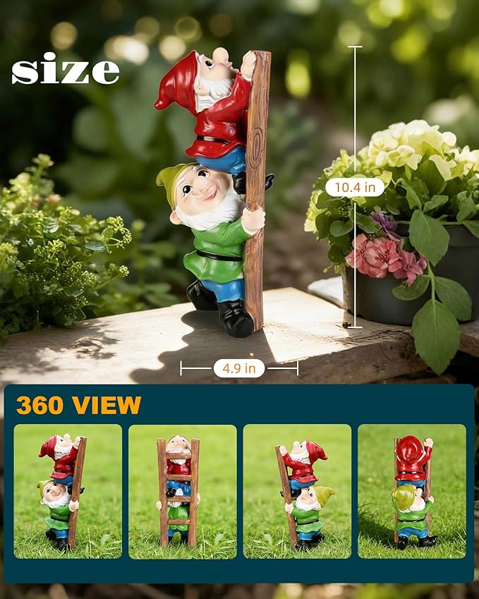 Climbing Garden Gnome with Ladder, Funny Outdoor Statue for Yard Decor Gift for Mom, Women