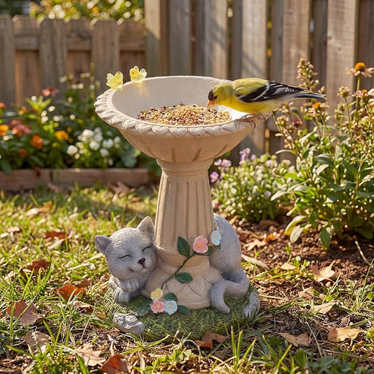 Lyeasw Cat Statue Garden Decor with Bird Feeder Outdoor Yard Decor – Weatherproof Resin Outdoor Patio Porch Lawn Art – Unique Birthday Gifts for Bird Lovers Mom Grandma Women