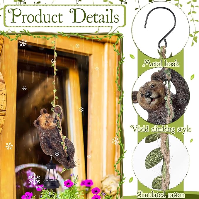 Rossesay 7 Inches Bear Statue Tree Hugger with Solar Light Resin Bear Statue Sign with LED Lantern Waterproof Hanging Figurine with Hook for Christmas Tree Decoration Outdoor Yard Garden (Brown)