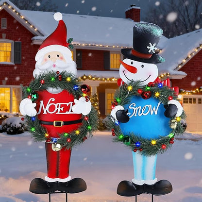 Lighted Christmas Decorations Outdoor, 2 Pack 30" Height Santa & Snowman Xmas Yard Signs Metal Garden Stakes with LED Lights, Battery Powered for Holiday New Year Winter Walkway Patio Lawn
