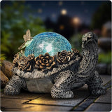 Outdoor Turtle Statue – Resin Animal Figurine with Blue Crystal Solar Lights,Golden Succulent Accents & Dragonfly Decor, Cute Garden Ornament, Yard Art for Lawn, Patio,Mom Wife Unique Gifts