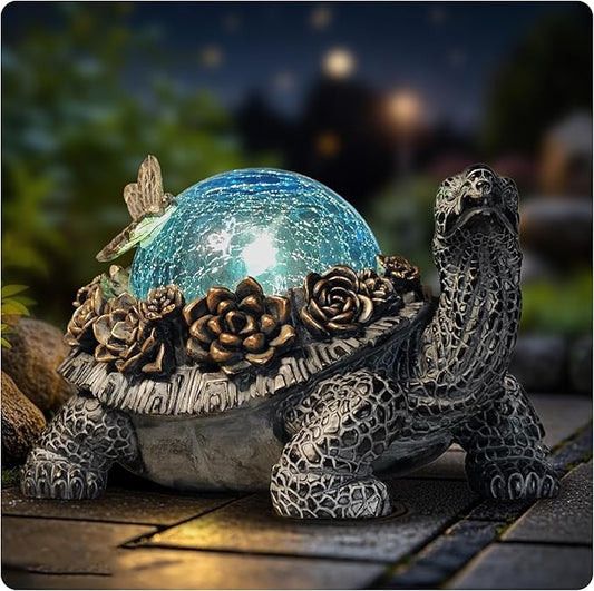 Outdoor Turtle Statue – Resin Animal Figurine with Blue Crystal Solar Lights,Golden Succulent Accents & Dragonfly Decor, Cute Garden Ornament, Yard Art for Lawn, Patio,Mom Wife Unique Gifts