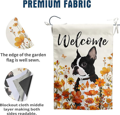Floral Boston Terrier Garden Flag Fall Yard Flag Wildflower Dog Garden Flags Orange Autumn Lawn Flags Welcome Thanksgiving Outdoor Flags for Outside 12x18 Double Sided Small