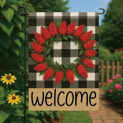 Welcome Spring Summer Garden Flags for Outside 12x18 Double Sided Buffalo Plaid Wreath Red Pinecone Flower Seasonal Sign Small Yard Flag Farmhouse Holiday Outdoor Decor