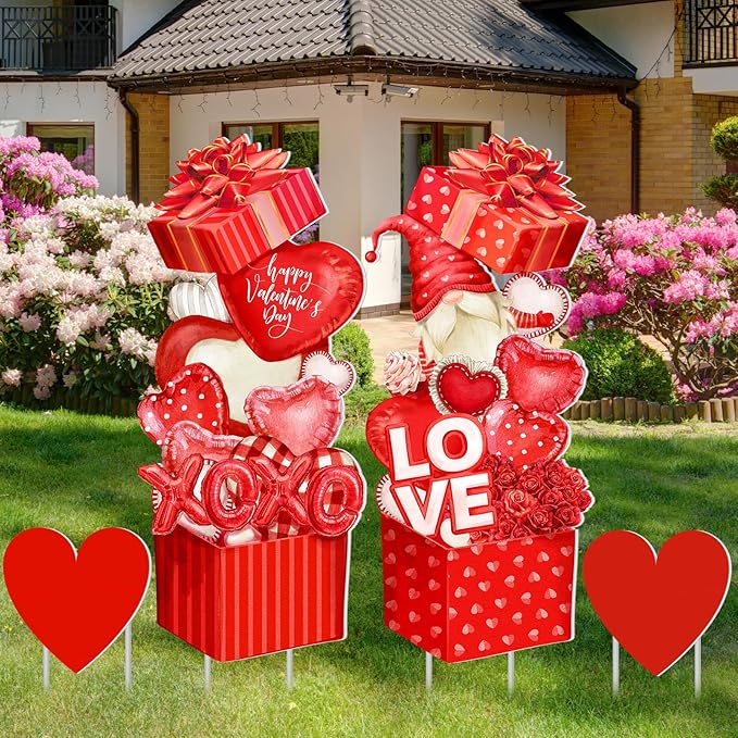 Yuntau 4 Pcs Valentine's Day Yard Signs Gnome Outdoor Sign with Stakes Valentine Red Heart Rose Gnome Lawn Gift Box for Holiday Pathway Lawn Walkway Patio Party Wedding Anniversary Decor
