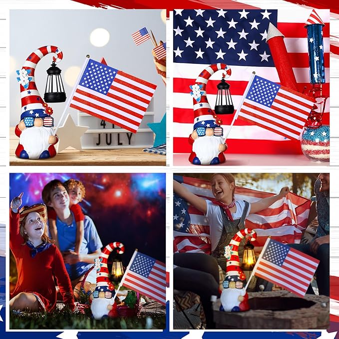 VIHOSE 12 Inch 4th of July Patriotic Gnomes Statues 250th Anniversary Gnome Outdoor Figurine Lights for Outside Lawn Ornaments Garden Porch Patio Balcony Yard Fourth of July Gifts for Mom Women