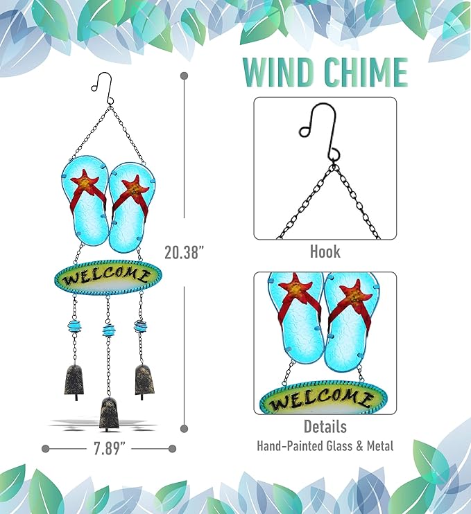 CoTa Global Welcome Flip-Flop Hanging Wind Chimes - Aqua Nautical Wind Chimes for Outside, Sea Glass Art Glass Wind Chimes for Outdoors and Indoors, Perfect Sea Glass Decor for Garden Decoration Art