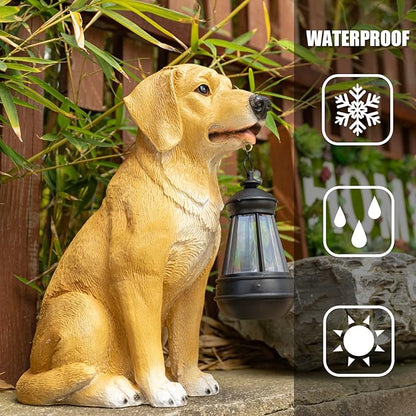 Garden Dog Statues Outdoor Decor, Golden Retriever Yard Outdoor Statue with Solar Lantern Lights Decorations Solar Dog Ornaments for Patio, Lawn, Yard Art Decoration, Housewarming Garden Gift