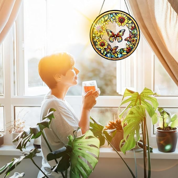 Bimkole Sunflower Stained Glass Suncatcher Window Hanging - Butterfly Design for Indoor Window or Doorway Decoration - 7.87x7.87 inch with Chain and Hook - Unique Home Decor Gift