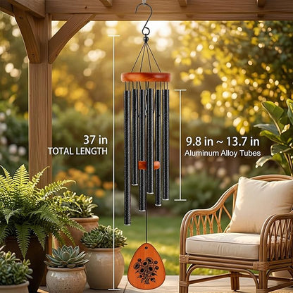 37" Matte Textured Aluminum Wind Chimes for Outdoor Patio & Garden – Large Modern Black Wind Chime with Deep Soft Tone, Thoughtful Home Gift (Black, 37")