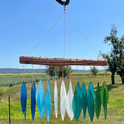 Blue Handworks Gradient Ocean Waterfall & Driftwood Glass Leaves Chime - Sandblasted Glass and Found Wood Handcrafted Wind Chime