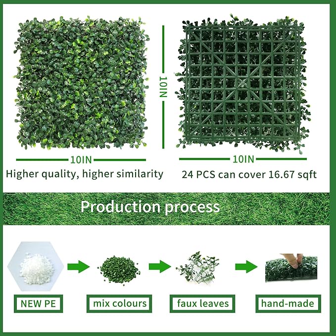 NETAP Grass Wall Panels Backdrop,10"x 10"(24Pcs) Artificial Faux Boxwood Panels for Outdoor Indoor Green Wall Decor,Party Wedding Backyard Fence Decorations