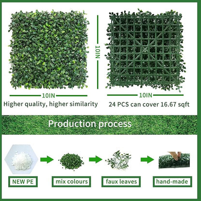 NETAP Grass Wall Panels Backdrop,10"x 10"(24Pcs) Artificial Faux Boxwood Panels for Outdoor Indoor Green Wall Decor,Party Wedding Backyard Fence Decorations