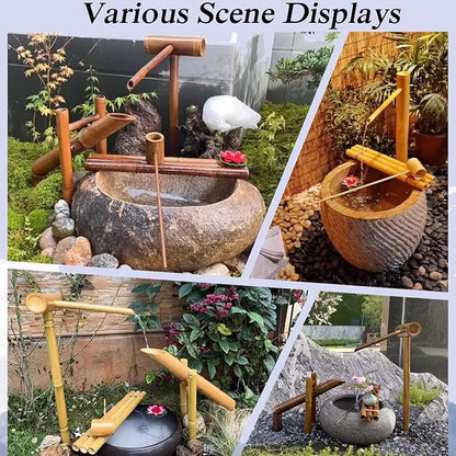 Indoor Outdoor Bamboo Fountain, Bamboo Traditional Japanese Rocking Water Fountain, Zen Garden Decor with Water Pump, 6W Solar Panel, 2M Tube, for Garden Terrace Pond