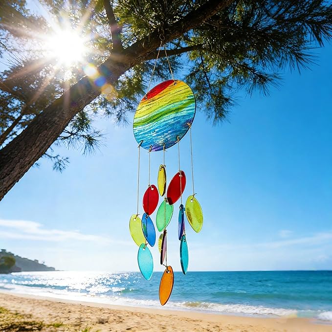 YU FENG Rainbow Stripe Disc Glass Wind Chime – Vibrant Colorful Hanging Decor for Indoor Spaces & Windows