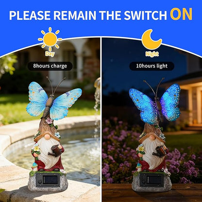WSgift Garden Gnome Statues Solar-Powered Butterfly Resin Figurine Waterproof Outdoor Decor Mother's Day Blue