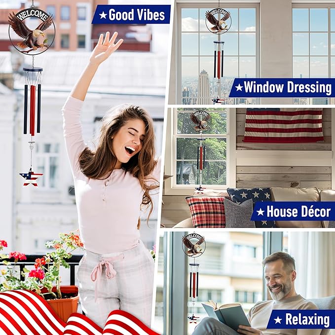 CoTa Global Welcome Eagle USA Flag Wind Chime - Handmade Metal Hanging Decor, Patriotic Garden Ornament with Red, White and Blue Tubes, Indoor Outdoor Porch Patio Yard Decoration - 34 Inches