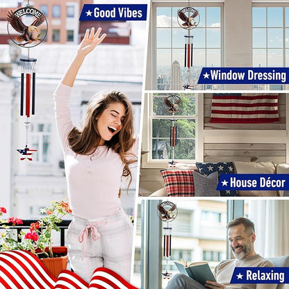 CoTa Global Welcome Eagle USA Flag Wind Chime - Handmade Metal Hanging Decor, Patriotic Garden Ornament with Red, White and Blue Tubes, Indoor Outdoor Porch Patio Yard Decoration - 34 Inches