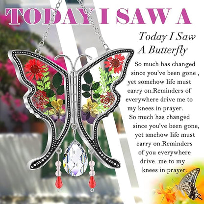 KY&BOSAM Butterfly Suncatcher Gifts for Mom Stained Glass Butterfly for Windows Hangings Wind Chime Ornament Pressed Rearl Flower Wings and Crystal Charm Birthday Gift for Mom Mother`s Day Christmas