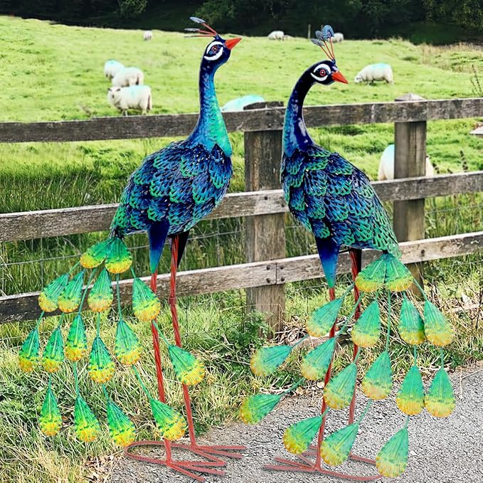 Kircust Solar Metal Peacock Statues - Set of 2 Weatherproof Outdoor Decor with Solar Lights for Garden, Yard, or Patio - Elegant Peacock Gifts