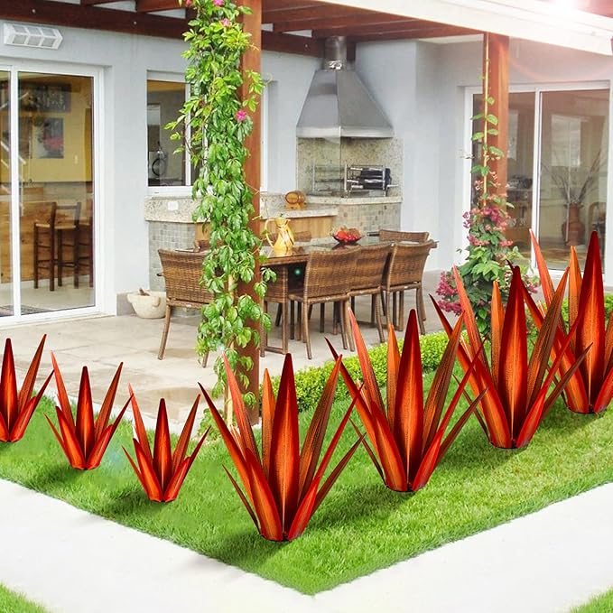 KODIBO Large Tequila Rustic Sculpture, Rustic Metal Agave Plants for Outdoor Patio Yard, Home Decor Hand Painted Garden Yard Statue, Lawn Ornaments Yard Stakes (Red - L)