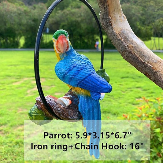 iRonrain Mini Garden Statues Hanging Iron Ring Parrots, Art Décor Gorgeous Swing Birds Figurine Sculpture Ornament for Pathways Yard Patio Office Indoor Outdoor Tree Decorations (Yellow/Blue)
