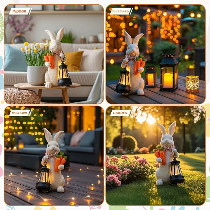 Retisee Solar Easter Garden Statue Resin Garden Bunny Statue with Carrots LED Lights Outdoor Bunny Solar Light Figurine Decoration for Yard Patio Lawn Gift for Easter Spring Holiday Outdoor Decor