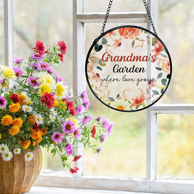 Grandma Garden Gifts Suncatchers Stained Glass Window Hanging, Grandmother Gifts for Mother's Day, Grandma's Garden Flower Sun Catchers Indoor Window, 7.9x7.9in