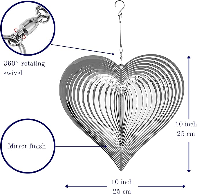 Wind Spinner Metal Garden Spinners Outdoor Garden Art for Backyard Outdoor Hanging Decor and Spinners for Yard and Garden Ornaments 3D Shape (Silver Heart)