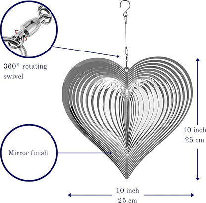 Wind Spinner Metal Garden Spinners Outdoor Garden Art for Backyard Outdoor Hanging Decor and Spinners for Yard and Garden Ornaments 3D Shape (Silver Heart)