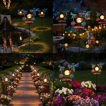 Solar Garden Stakes Metal Welcome Signs for Outside 30.3', 2 Flying Dragonflies with Cracked Glass Ball,Decorative Garden Stakes for Lawn, Patio, Dragonfly Gifts for Women