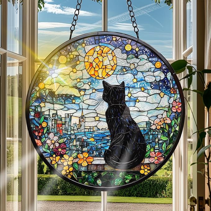 VAIIEYO Black Cat Sun Catcher Stained Glass Window Hanging Ornament, Handmade Sun Catcher Animal Decoration with Hooks for Window Garden Home, Christmas & Birthday Housewarming Gift (7.8 inch)