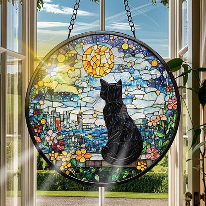VAIIEYO Black Cat Sun Catcher Stained Glass Window Hanging Ornament, Handmade Sun Catcher Animal Decoration with Hooks for Window Garden Home, Christmas & Birthday Housewarming Gift (7.8 inch)