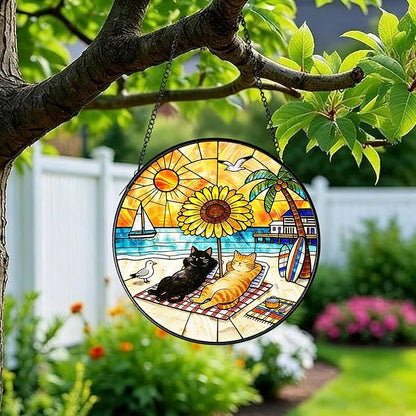 Cat Stained Glass Suncatcher Window, Cat Sun Catchers Indoor Window, Suncatcher for Mom/Women (Black & Orange)
