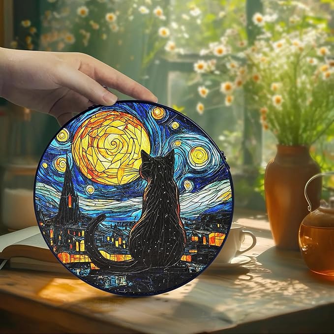 Black Cat Stained Glass Suncatcher Window Hanging Decor for Garden, Suncatcher Panel Ornament Decorations, Memorial Gifts for Cat Lovers, Women Pet Loss Sympathy Gift for Window Living Room Garden
