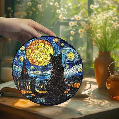 Black Cat Stained Glass Suncatcher Window Hanging Decor for Garden, Suncatcher Panel Ornament Decorations, Memorial Gifts for Cat Lovers, Women Pet Loss Sympathy Gift for Window Living Room Garden
