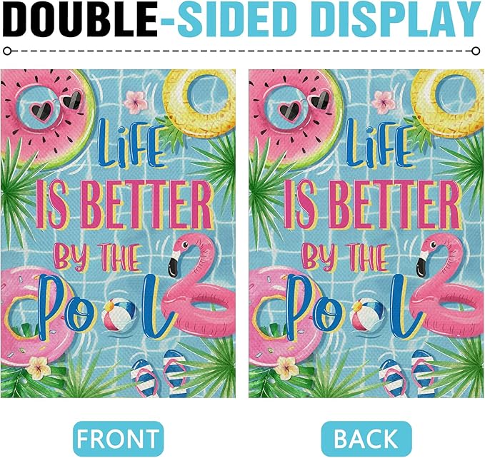 Dyrenson Summer Life is Better by The Pool 28 x 40 House Flag Double Sided, Flamingo Swim Rings Tropical Palm Leaves Garden Yard Decoration, Flip Flops Ball Outdoor Décor Decorative Large Flag