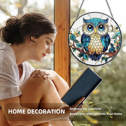 Owl Stained Glass Window Hanging, Owl Bird Suncatcher, Bird Sun Catchers Indoor Window Round Glass Wall Art Hanging Decorations, 7.9x7.9in