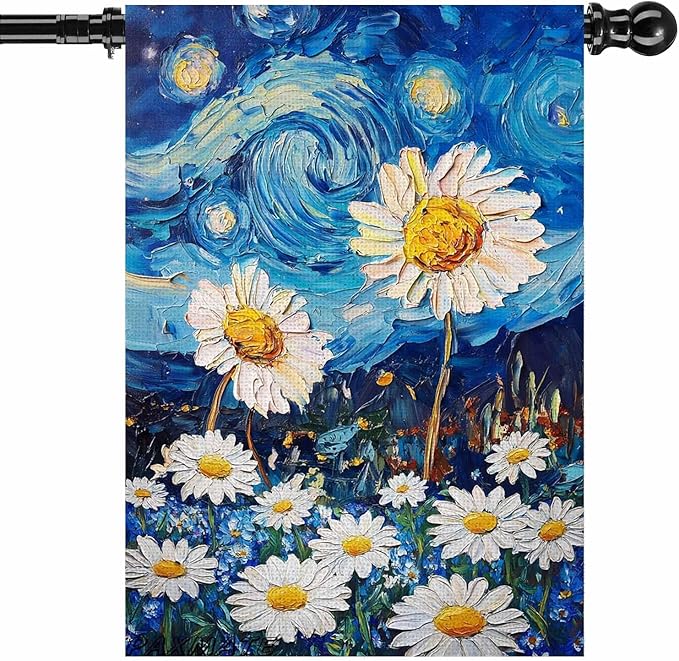 Spring Summer House Flag 28x40 Inch Double Sided Starry Night Daisy Flowers Large Burlap Yard Flag Seasonal Farmhouse Outdoor Outside Decoration