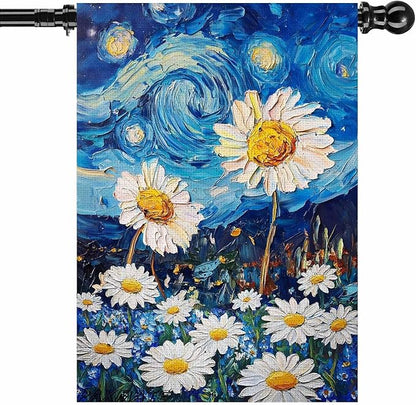 Spring Summer House Flag 28x40 Inch Double Sided Starry Night Daisy Flowers Large Burlap Yard Flag Seasonal Farmhouse Outdoor Outside Decoration