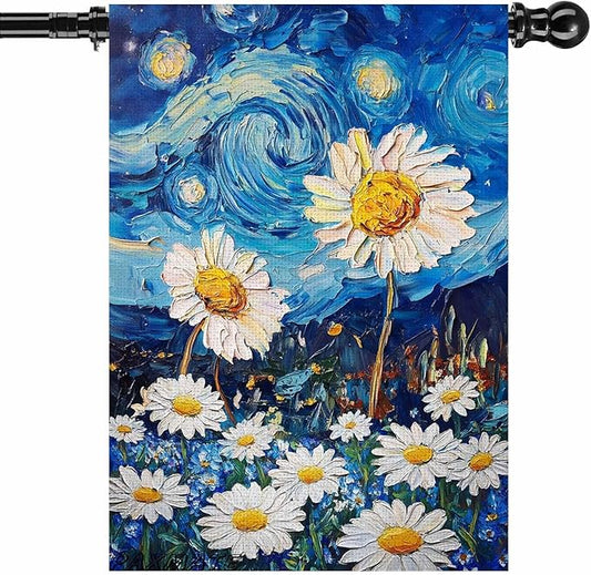 Spring Summer House Flag 28x40 Inch Double Sided Starry Night Daisy Flowers Large Burlap Yard Flag Seasonal Farmhouse Outdoor Outside Decoration