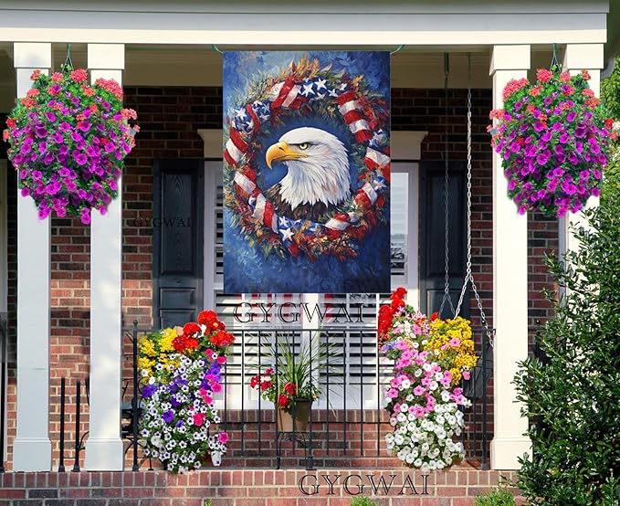 Patriotic Bald Eagle House Flag 28x40 Inch Double Sided Burlap American Flag Wreath Outdoor Yard Decor for 4th of July, Veterans Day, Memorial Day