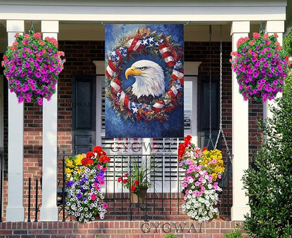 Patriotic Bald Eagle House Flag 28x40 Inch Double Sided Burlap American Flag Wreath Outdoor Yard Decor for 4th of July, Veterans Day, Memorial Day