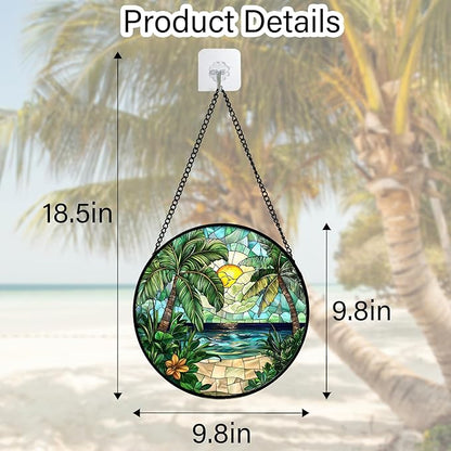 DASTOLL Stained Glass Window Hanging, Green Beach Scenery Suncatcher Diamond Glass Panel Hangings Sun Catchers Decor for Birthday for Women, Men, Wife, Aunt, and Mom 9.8 in