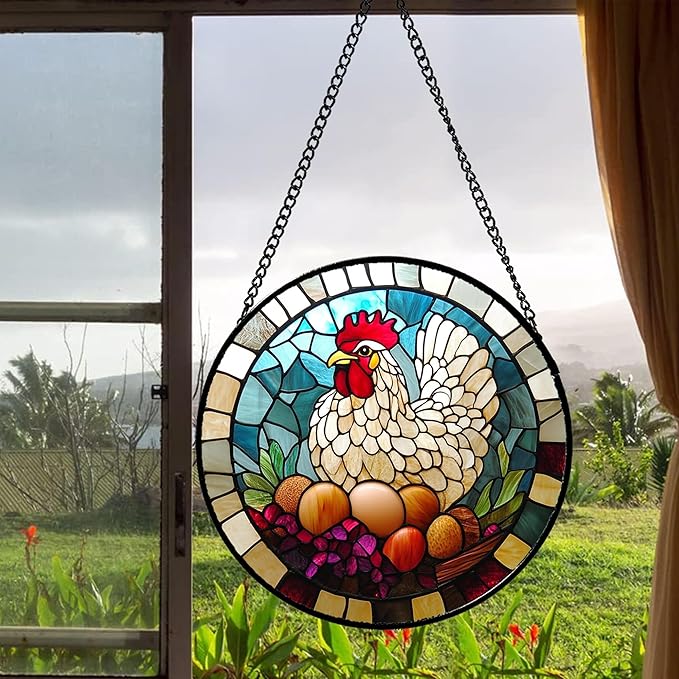 DASTOLL Stained Glass Window Hanging White Chicken Hatching Eggs Large 11.8" - Suncatcher Door Garden Sunroom Sun Catcher Home Decor Birthday Christmas for Mom Men Woman Nana